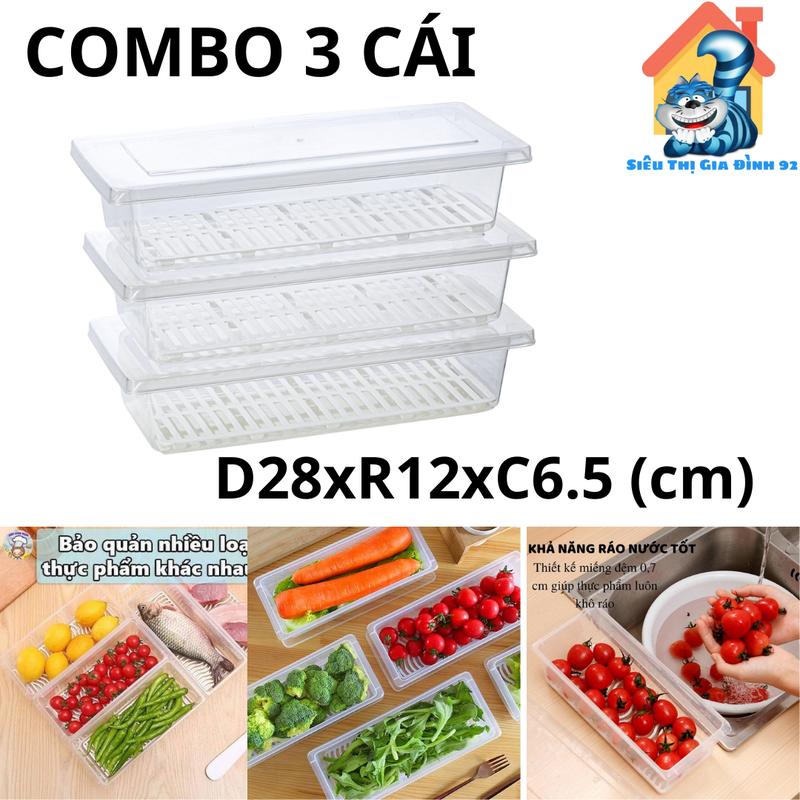 Combo 3 Hộp nhựa trữ đồ ăn, thực phẩm , thịt cá, có khay ráo nước -Hộp đựng thức ăn Việt Nhật 6586