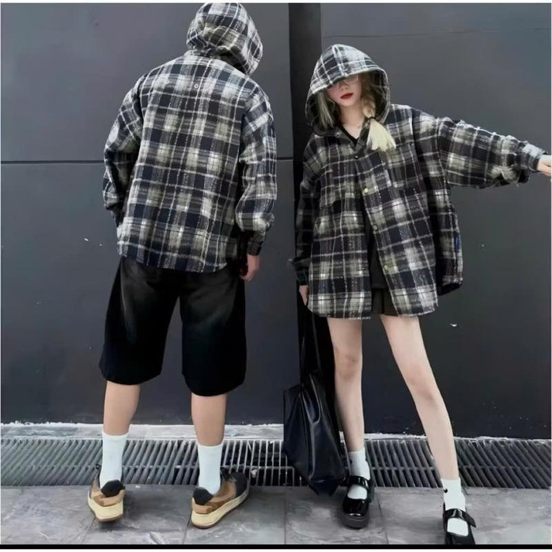 Áo Khoác Caro Nam Nữ Cài Nút Phối Nón Siêu Xinh - Thời Trang HOT Treen 5