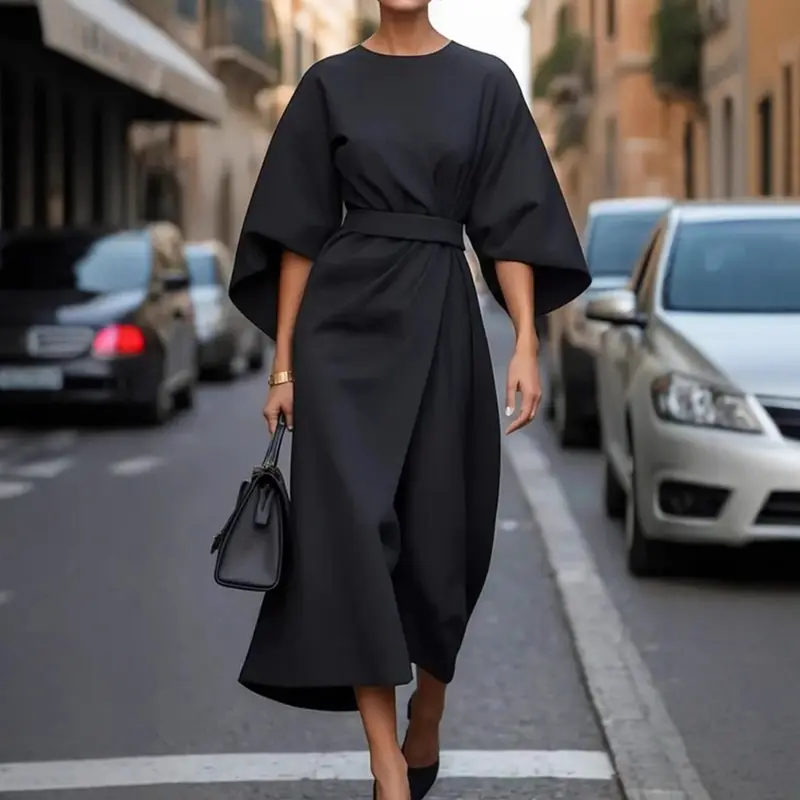 2025 Spring Summer Women's Fashion European and American Cross-border Elegant Solid Color Waist-cinching Dress Casual Batwing Sleeve Long Dress Modesty Formal Green 1