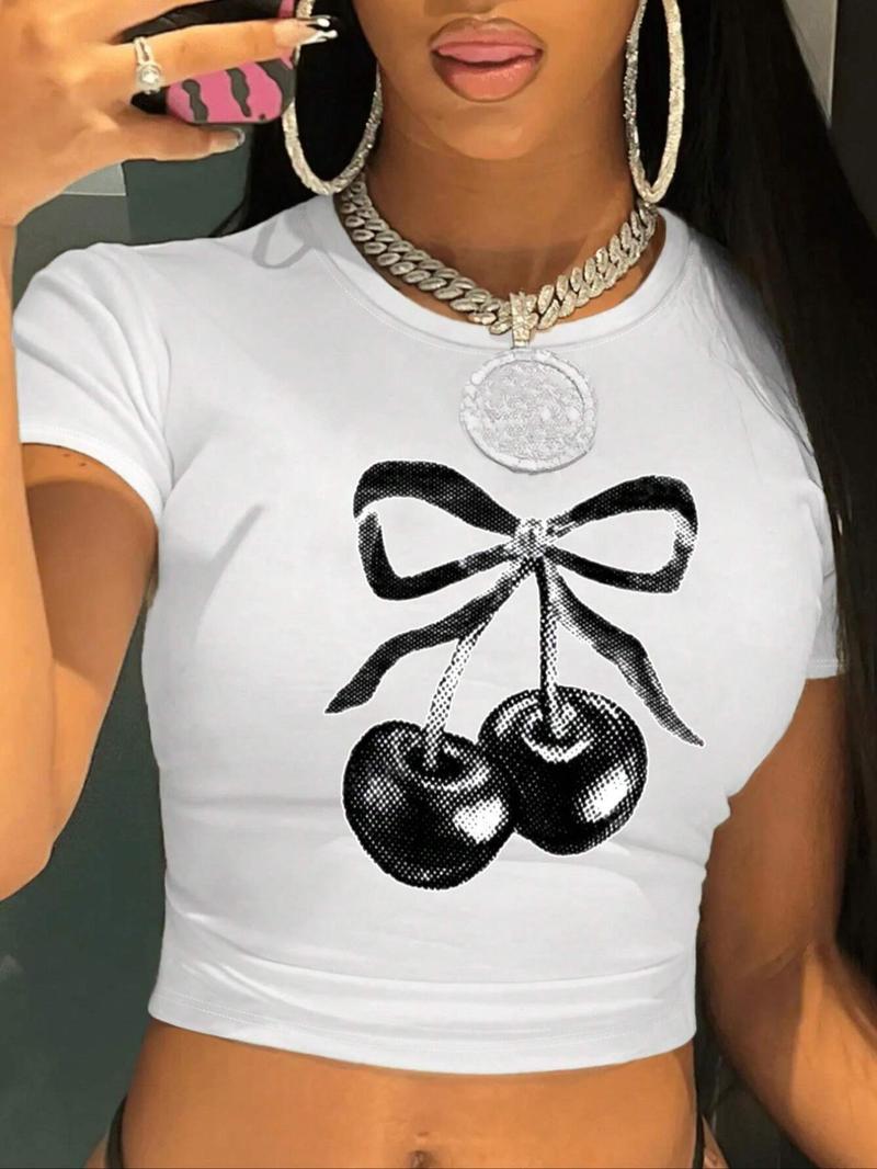 Product Introduction of Women's Cherry Print Round Neck Crop Tee, Casual Short Sleeve Crew Neck T-shirt for Summer, Fashion Women's Top for Daily Wear 1