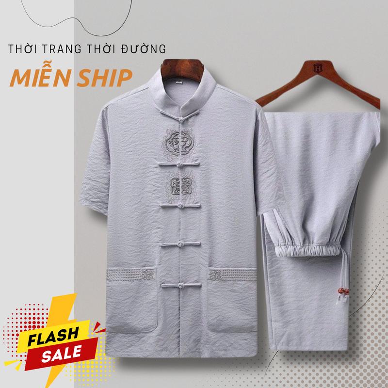 ( T4 ) Bộ đũi nam cộc tay cổ tàu trung niên - Bộ đũi cho bố mặc nhà đi chơi Nhung Áo,đi chơi, đi lễ, đi chùa Menswear Pants Quần có thể giặt máy đục lỗ trọng lượng m 110 đồ habibi bomac  dichua set  đồ