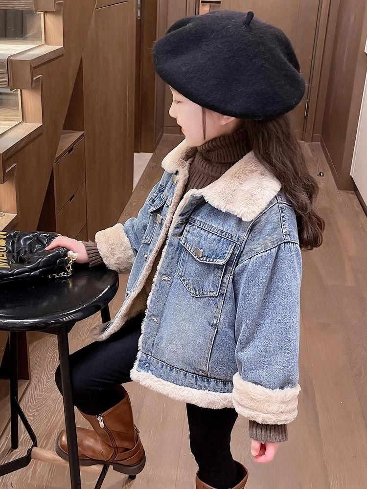 Product Introduction of Áo Khoác Denim Lót Lông Cừu, Cho Bé Gái, Dày Dặn, Áo Khoác Bông, Mùa Thu Đông, Áo Sơ Mi Sành Điệu, Hợp Xu hướng, Hàng Mới Về Năm 2025 9