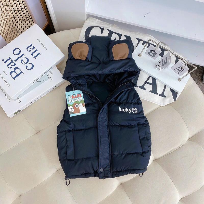 Áo phao gile mũ tai gấu thêu chư lucky cho bé trai bé gái 8-18kg