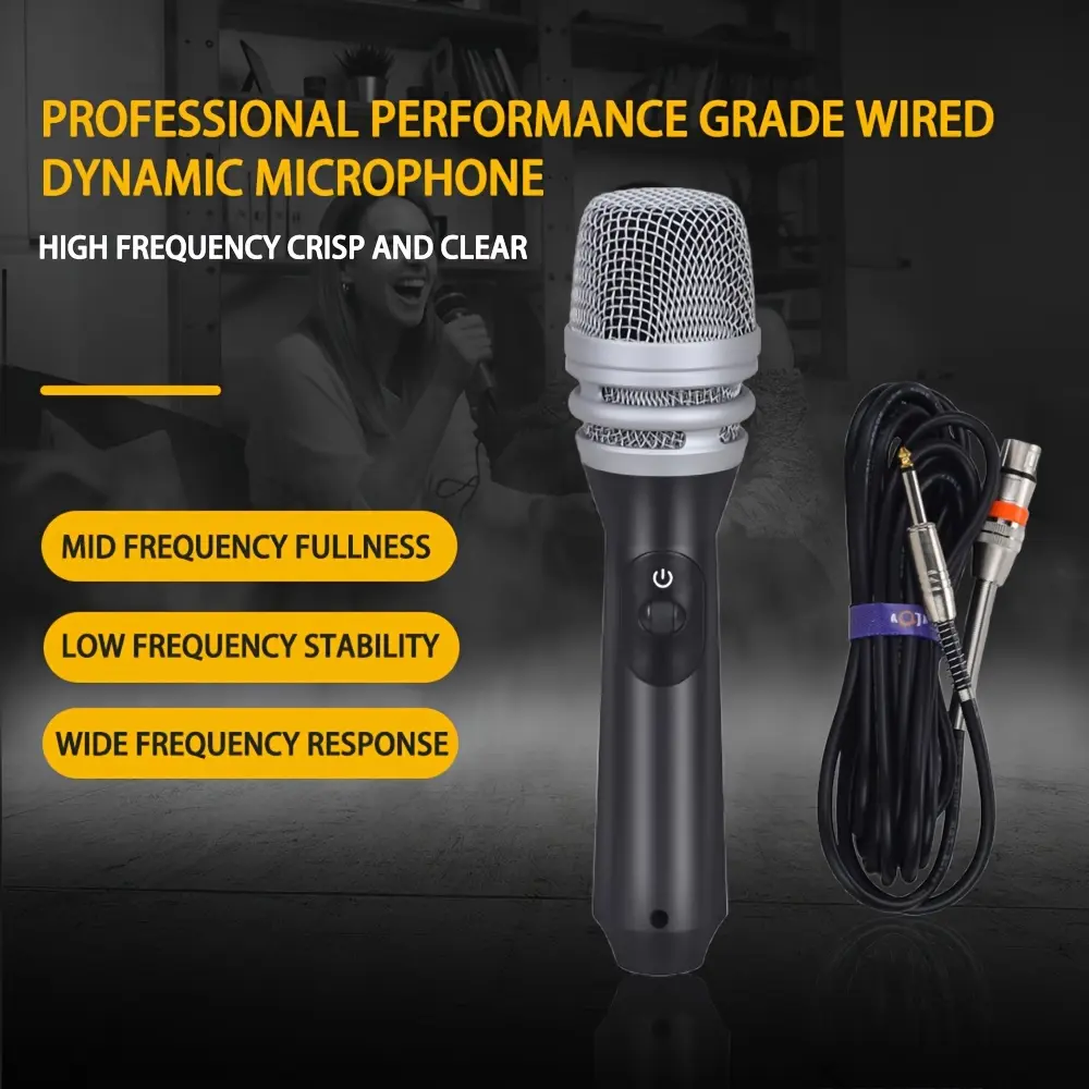 AT-107 Handheld Dynamic Wired Microphone, Aluminum Alloy, 6.5mm Jack, 5M XLR Cable, Plug-in Power, ≤36V, for Karaoke, Live Streaming, Amplifier, Mixer - Black