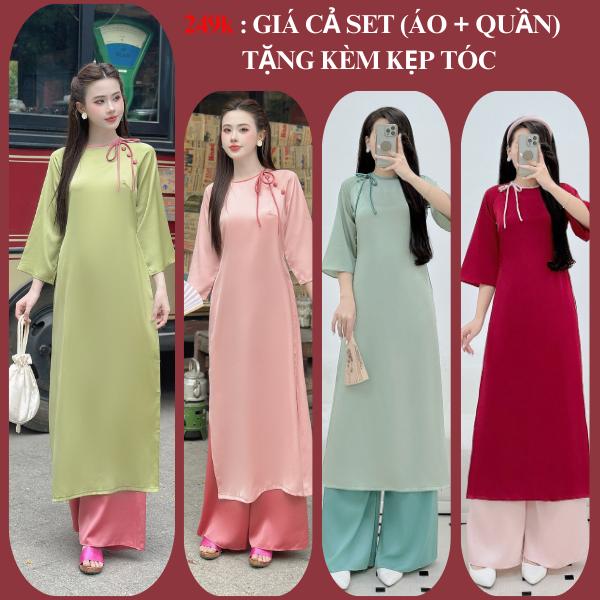 Áo cách tân  2 tà lụa ngọc trai , chất liệu mềm mượt không nhăn, phù hợp mặc dịp tết - Áo Dài Cúc 0