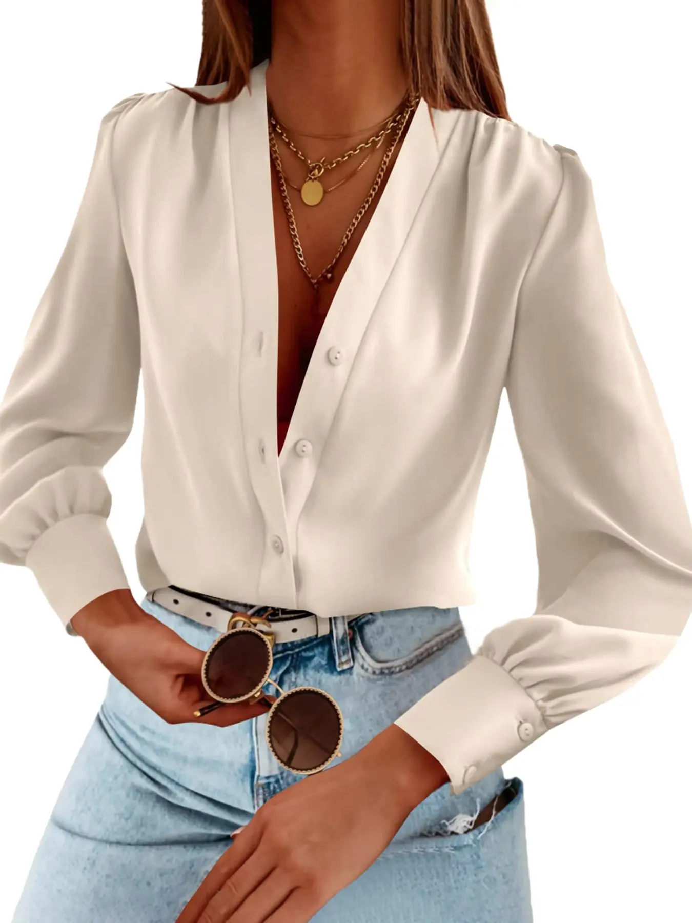 Women's Plain V Neck Blouse, Casual Long Sleeve Button Shirt for Spring, Ladies Clothes for Daily Wear, Plunge Neck Top