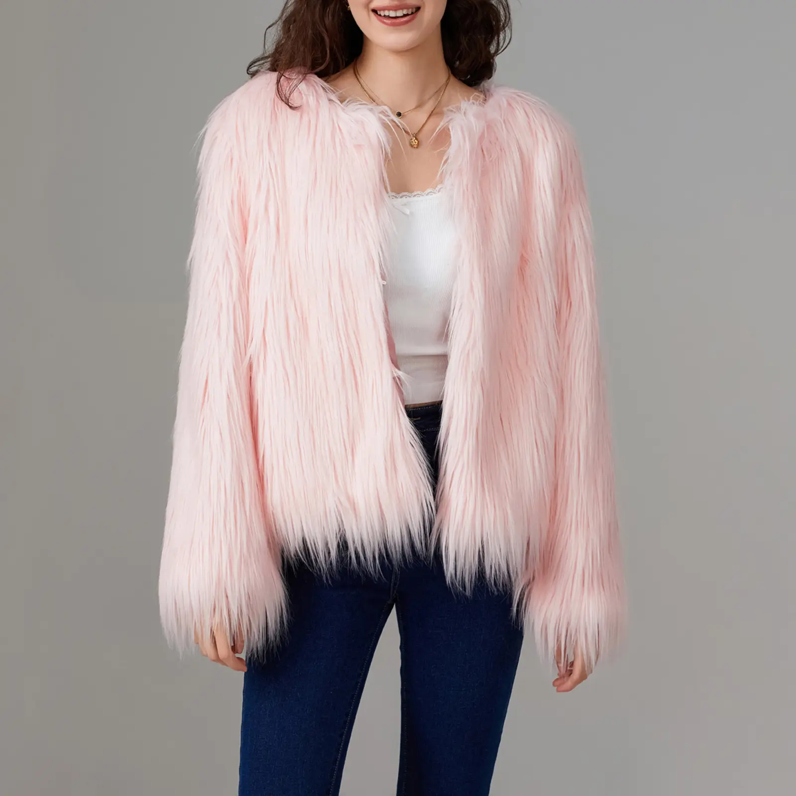 Women's Faux Fur Coat Solid Color Open Front Long Sleeve Plus Size Jacket Warm Winter Outwear