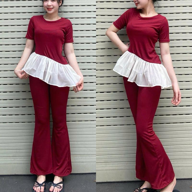 Set bộ quần loe bigsize đồ bộ nữ đồ mặc nhà dễ thương form ôm đồ bộ áo tay ngắn đẹp xinh MS5009 Top Women  Voi 1