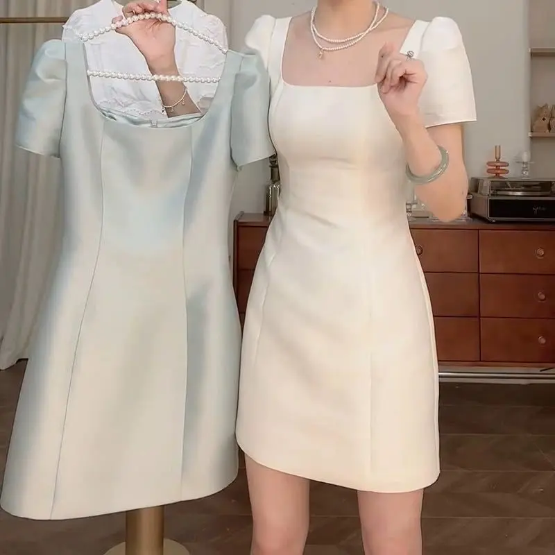 [1517 People Collection] Summer New French Style Temperament Square Collar Design Sense Dress Women Fashionable Stylish Slim Versatile Short Skirt Women