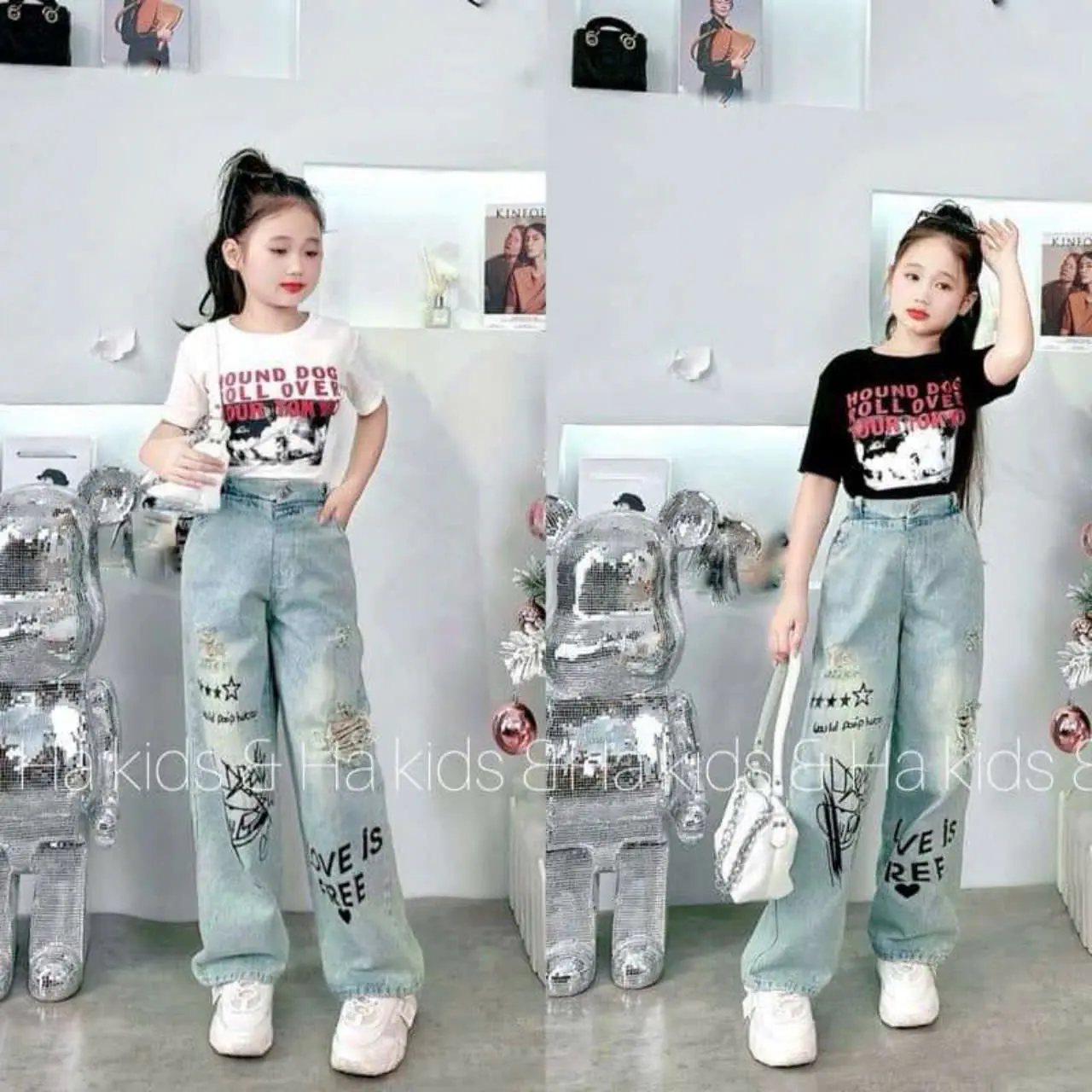 Bộ quần jeans áo phông  bé gái size đại 16-50kg