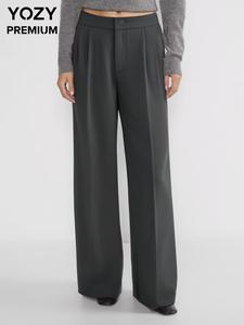 YOZY Women's Solid Plicated Button Suit Pants, Elegant Pocket Trousers for Work Office Business, Ladies Spring & Fall Clothes