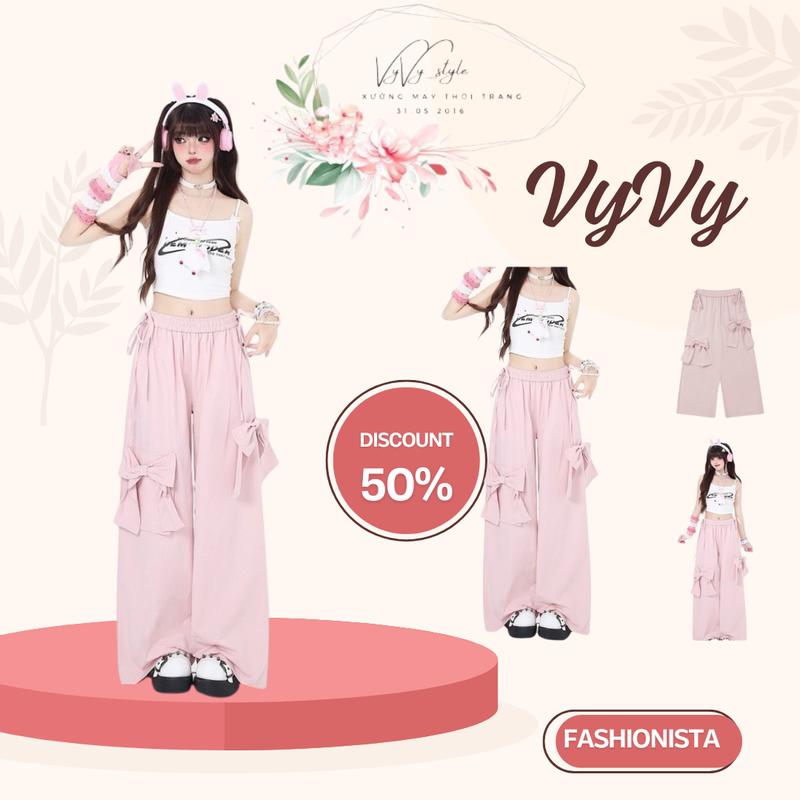  Quần ống rộng nữ túi hộp may xếp ly quần dài coquette nơ hồng dáng xuông chất đũi nhăn Nhung Women Ong Kem Voi Nho quần  jean Sen 