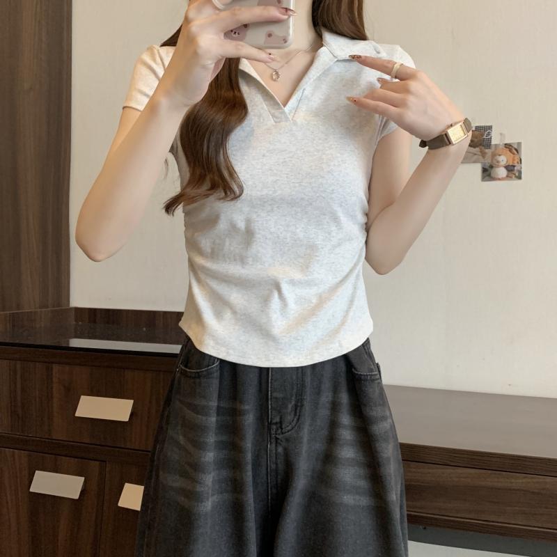 Product Introduction of 106 # Real Shot Real Price 40s Pure Cotton 210g (92% Cotton/8% Spandex) Polo Collar Waist-Cinching Short Sleeve T-Shirt for Women Top Womenswear 22