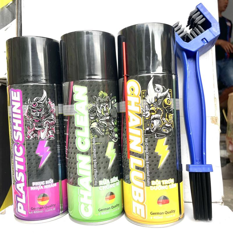 Combo Chăm Sóc Xe Sprayking Gồm Dưỡng Sên Sprayking,  Phục Hồi Nhựa Nhám, Rửa Sên Sprayking Kèm Bàn Chải 3D