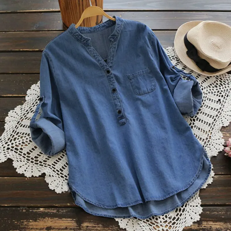Gonpiny-Áo Sơ Mi Denim Màu Trơn Cho Nữ, Cổ Đứng Nhỏ, Nút Cổ Chữ V, Đường Viền Cổ Áo, Dài Tay, Dáng Rộng, Vừa Vặn, Áo, Thời Trang Dạo Phố 2