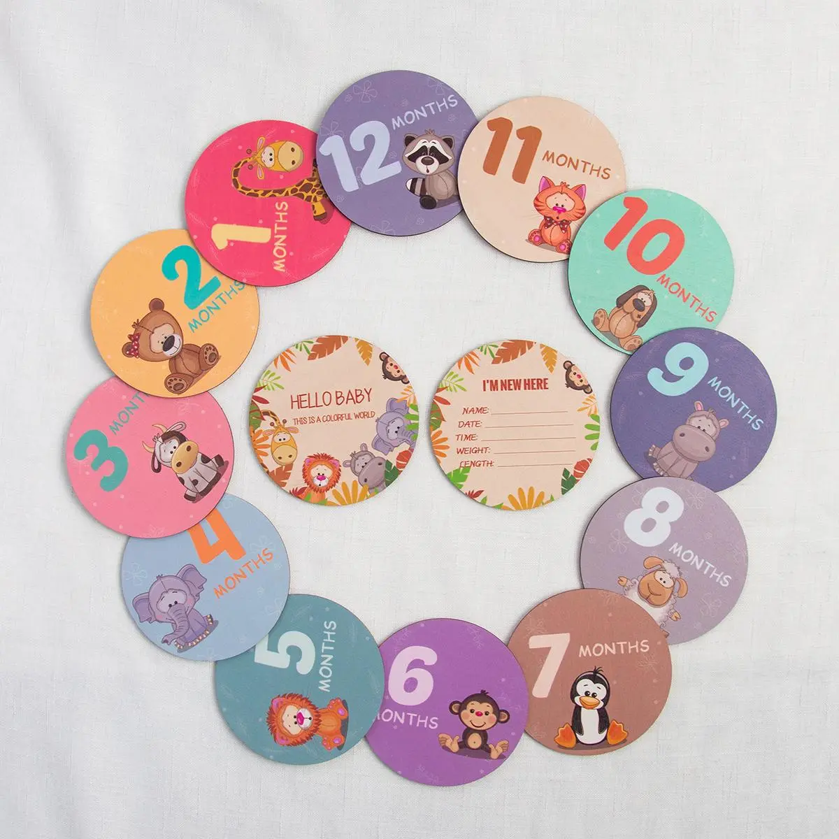 Baby Monthly Milestone Marker Card, 14pcs Mini Colorful Cartoon Animal Pattern Round Card, Birthday Party Decoration Supplies for Baby Shower Ceremony Anniversary