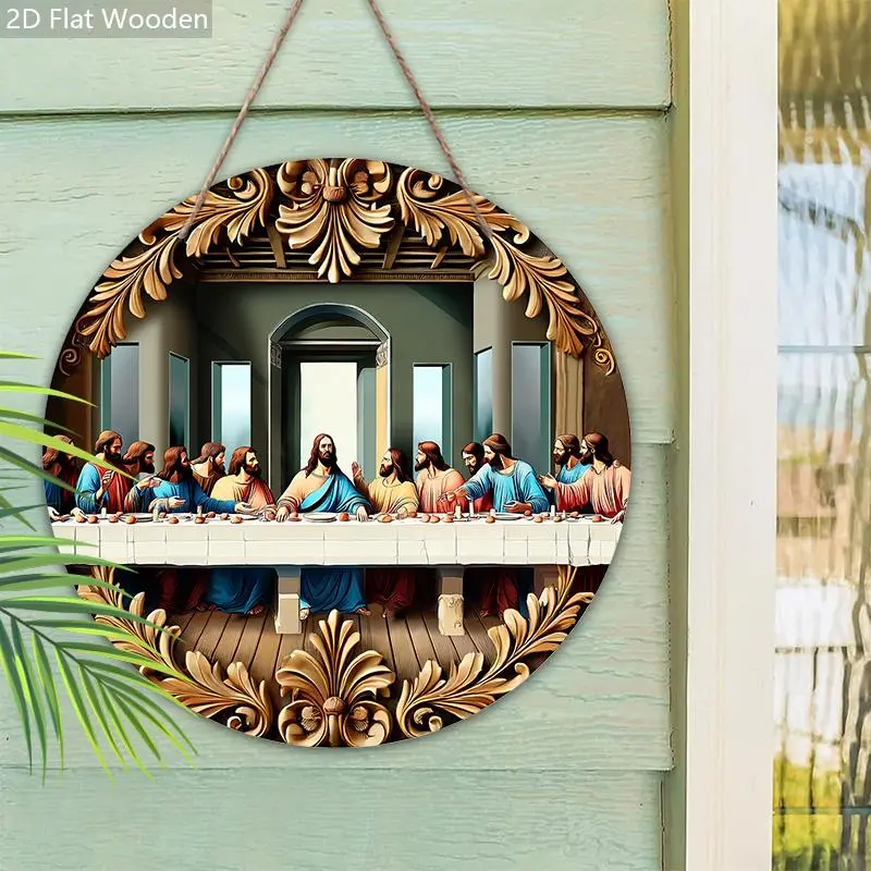 The Last Supper Themed Wooden Sign, 1 Count 2D Flat Print Of Decorative Wall Hanging Plaque, Multipurpose Round Hanging Ornament for Home Decor 6
