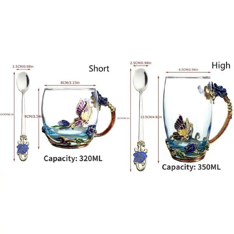 1 Set Butterfly & Rose Decor Glass Cup with Handle, Vintage Drinking Glass with Lid & Spoon, Creative Tea Cup for Office Home Daily Use, Gifts for Friends 1