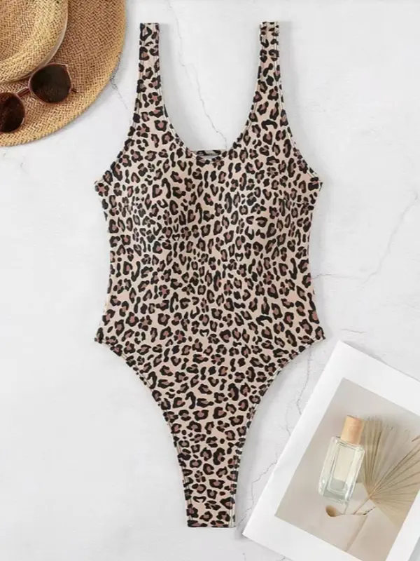 Women's Leopard Print U Neck One-Piece Swimsuit, High Stretch Casual Fashion Backless Sleeveless Swimwear for Beach Holiday Vacation, Ladies Swimsuit for All Seasons 3