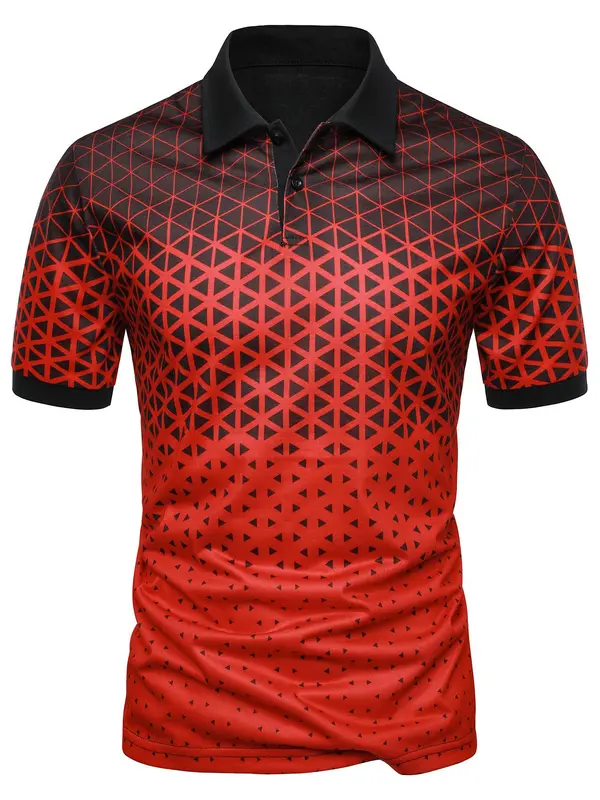 Men's Regular Fit Ombre Geometric Print Short Sleeve Polo Shirt, Casual Button Front Half Placket Collared Top for Spring & Fall, Fashion Men's Clothes for Daily Wear 3