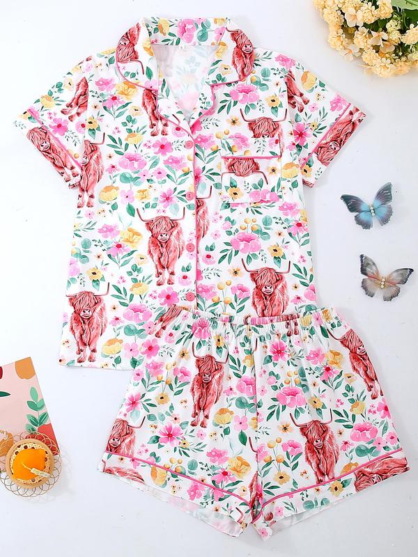 Women's All Over Print Crop Shirt & Shorts Pyjama Two-piece Set, Casual Comfy Short Sleeve Top & Shorts PJ Set, Ladies Sleepwear for All Seasons 0