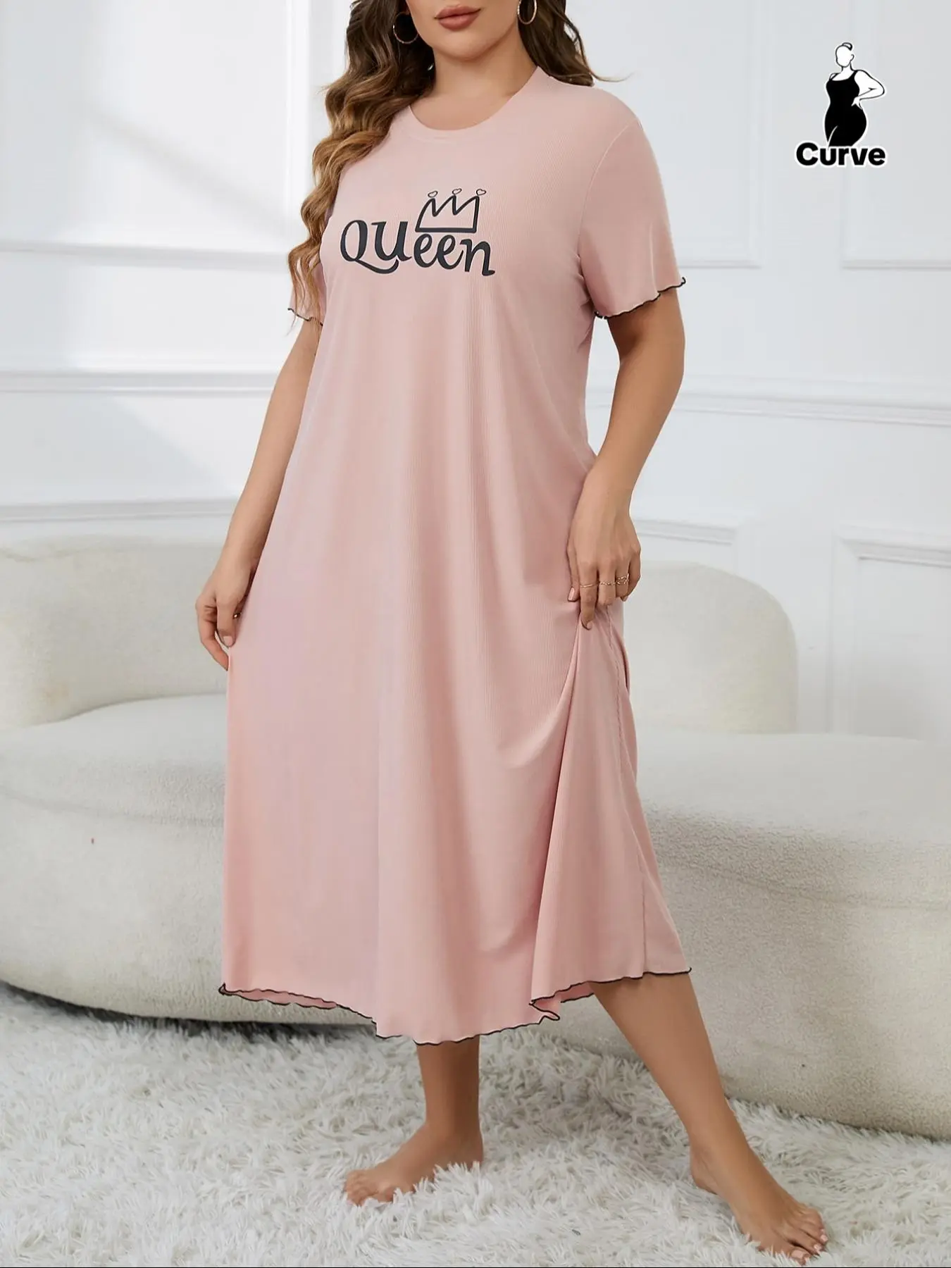Plus Size Letter Print Contrast Binding Lettuce Trim Nightdress, Casual Short Sleeve Round Neck Nightgown for Women, Women's Sleepwear for All Seasons
