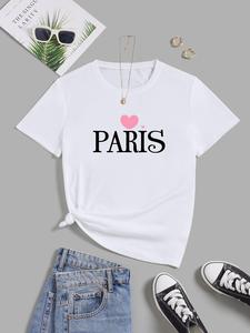 ImprinTee Women's "PARIS" Letter & Heart Print Round Neck Graphic Tee, Vintage Trendy Casual Short Sleeve T-shirt for Daily Wear, Ladies Summer Outfit
