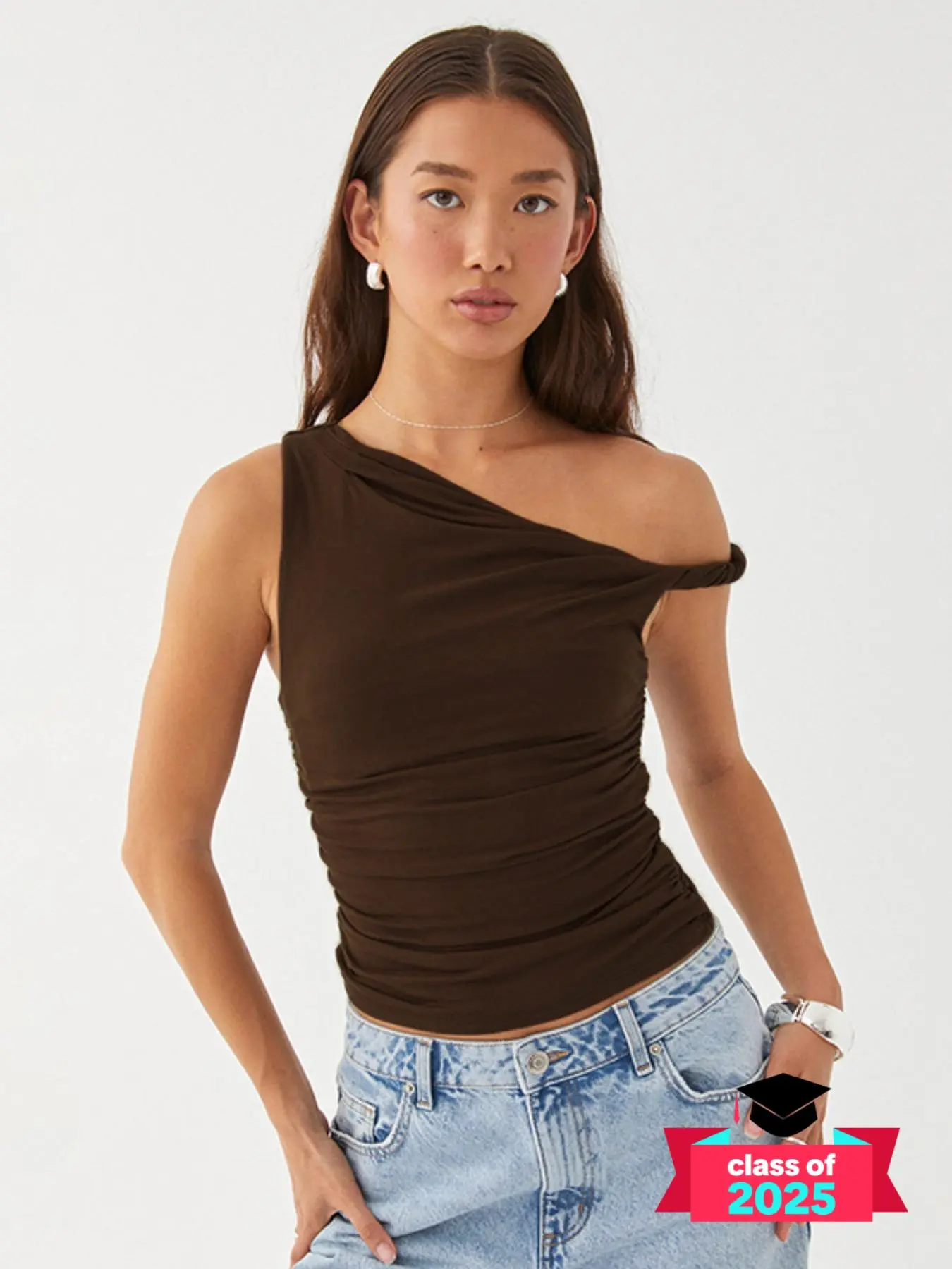 Women's Plain Ruched Asymmetrical Neck Tank Top, Fashion Casual Classy Sleeveless Top Clothing for Summer, Elegant Classy Ladies Fabric Clothes for Daily Wear, Women's Tops, Womenswear