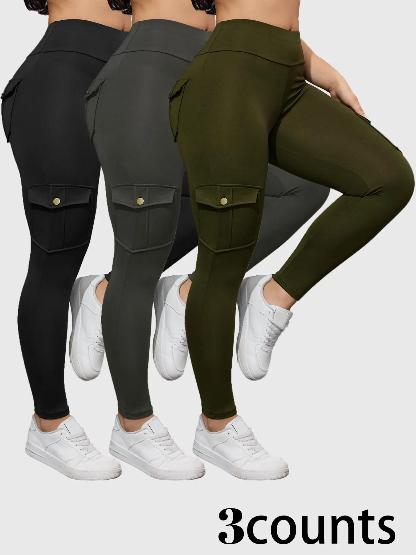 Women's Solid High Waist Flap Pocket Sports Leggings, Sporty Casual Comfy Breathable Skinny Pants for Yoga Gym Workout, Ladies Sportswear for Fall & Winter