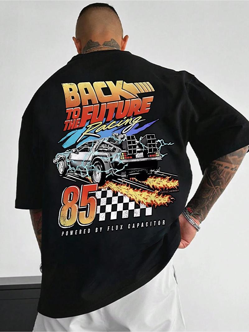 Product Introduction of Men's Car & Letter Print Round Neck Tee, Regular Fit Casual Short Sleeve Crew Neck T-Shirt for Summer, Men's Top for Daily Wear 1