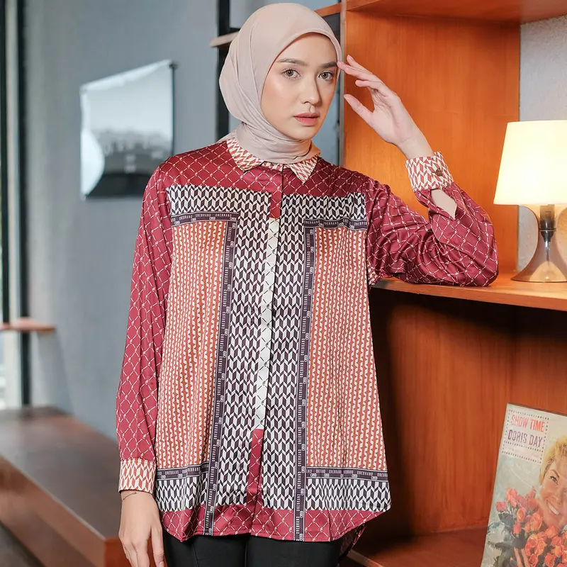ONEBRANDHIJAB - Baju atasan kemeja wanita muslim keren tangan panjang dewasa bahan silk 8