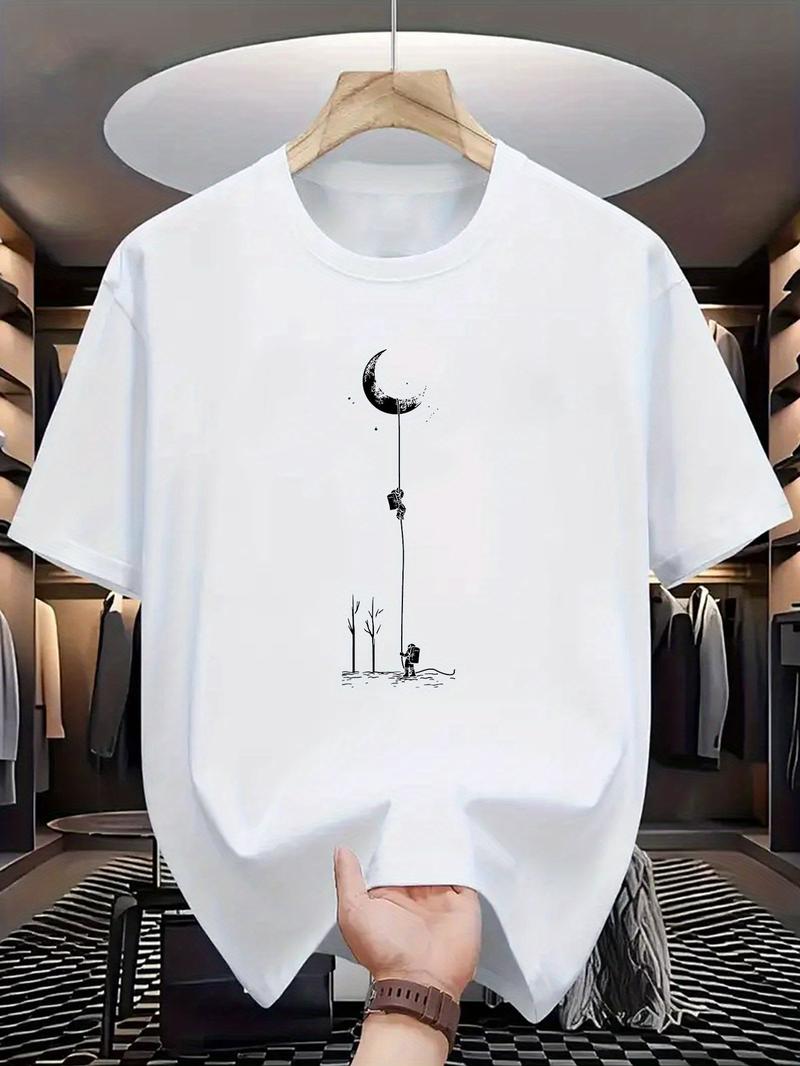 Product Introduction of Men's Moon Landing Graphic T-Shirt - Comfortable & Stretchy, Perfect for Summer Outdoor Activities | Street Casual Style with Round Neck in Black, Burgundy, Dark Green, Blue, Grey Customized Photo T-shirt 7