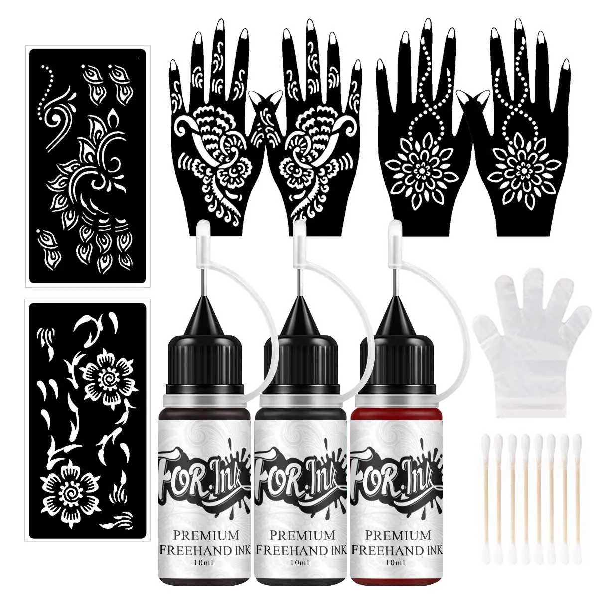 Temporary Tattoo Ink & Stencil Kit, 3 Bottles Ink & 6 Sheets Stencils for Hand & Tool Accessories, DIY Temporary Tattoo Kit for Women & Men