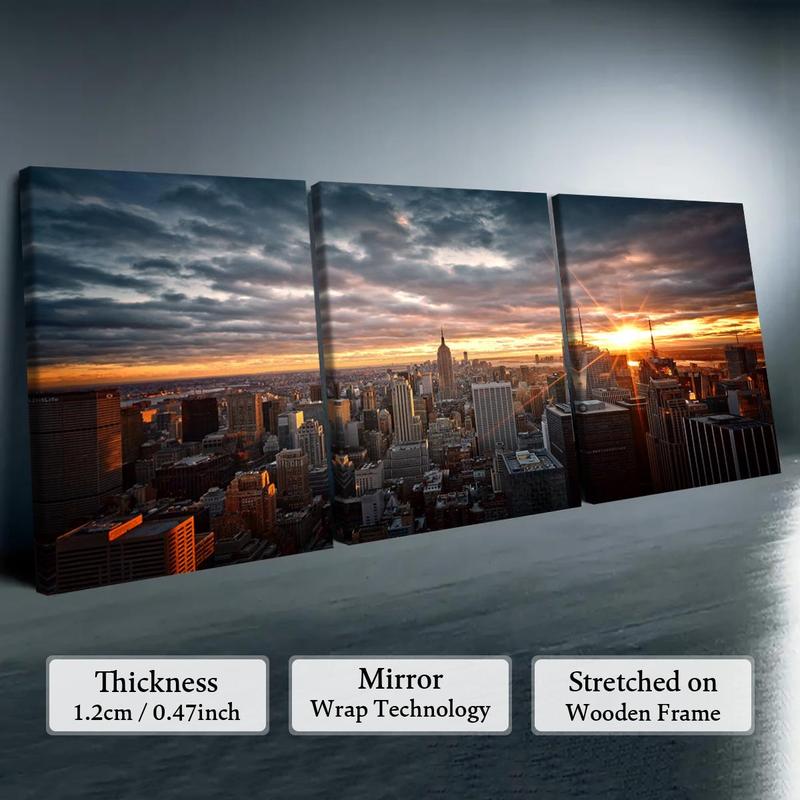 Wooden Framed Canvas Painting, 3 Counts/set City Sunset Pattern Wall Art, Modern Art Wall Decor, Home Decoration Poster for Living Room, Bedroom 2