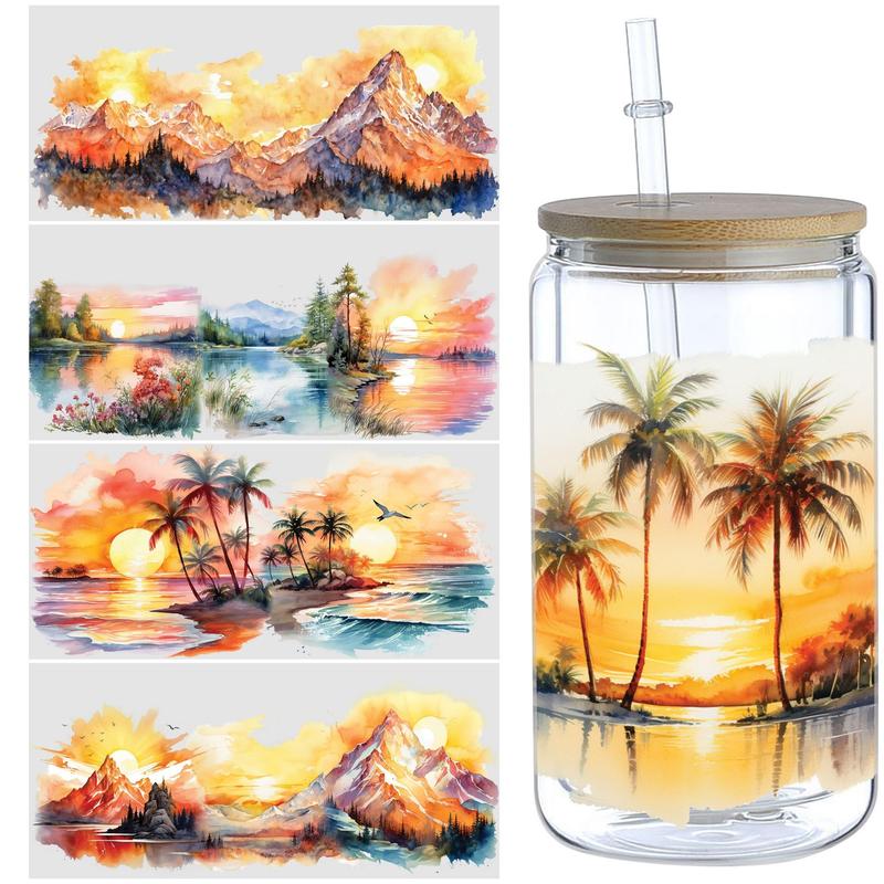 Product Introduction of Summer Sunset Pattern UV DTF Cup Sticker, 5 Counts/set Waterproof UV DTF Sticker, Decorative Sticker for 16oz Glass Cup, DIY, Furniture, Crafts 0