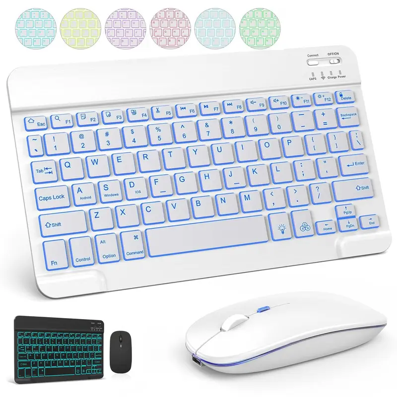 Wireless Keyboard & Mouse Combo, 1 Set Rechargeable Wireless Keyboard & Mouse with 7-color Backlit, Compatible with iPadOS/iOS/Android/Windows 0