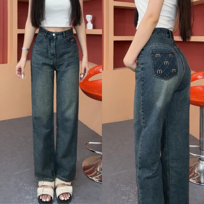 Quần Jean Nữ Ống Suông Túi Thêu Chữ M Chất Jean Mềm Không Co Giãn Màu Tối Q2888