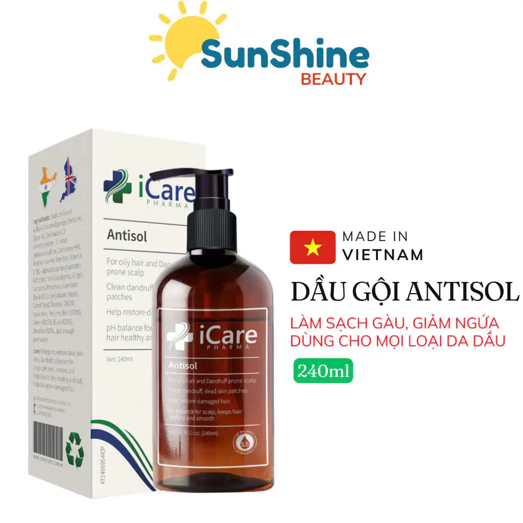 Dầu Gội Icare Pharma Antisol Dược Liệu Ph 6.5 Hỗ Trợ Giảm Gàu, Giảm Ngứa Và Bết Tóc 240ml
