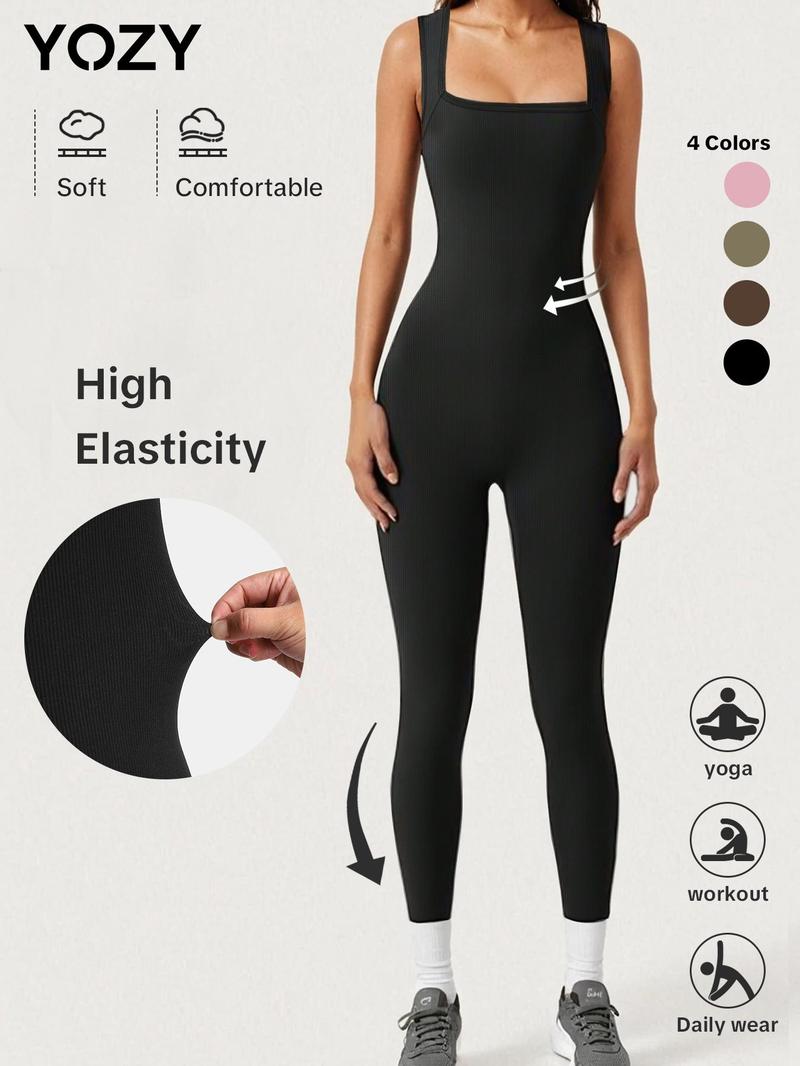 Product Introduction of YOZY-GOOO Women's Solid Square Neck Sports Jumpsuit, Casual Sporty Comfy Sleeveless Jumpsuit for Yoga Gym Workout Running, Ladies Sportswear for All Seasons 5
