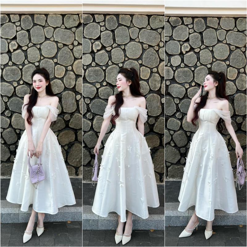 M40 Đầm Tiểu Thư Trể Vai Đính Hoa Dáng Xòe Dành Cho Nữ Phù Hợp Dạo Phố Dự Tiệc AKARA CLOSET Women Dress Thun