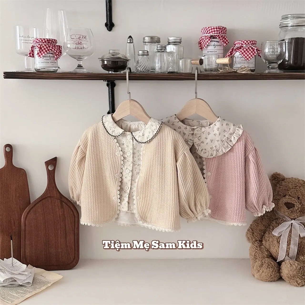 Áo khoác len tâm hai lớp mix ren trần bông cho bé gái