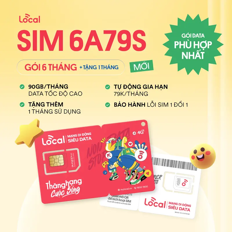SIM 4G LOCAL 6A79S (Trọn Gói 6 Tháng) - Có Ngay 90GB Data Tốc Độ Cao/Tháng, Tặng thêm 1 tháng sử dụng 0