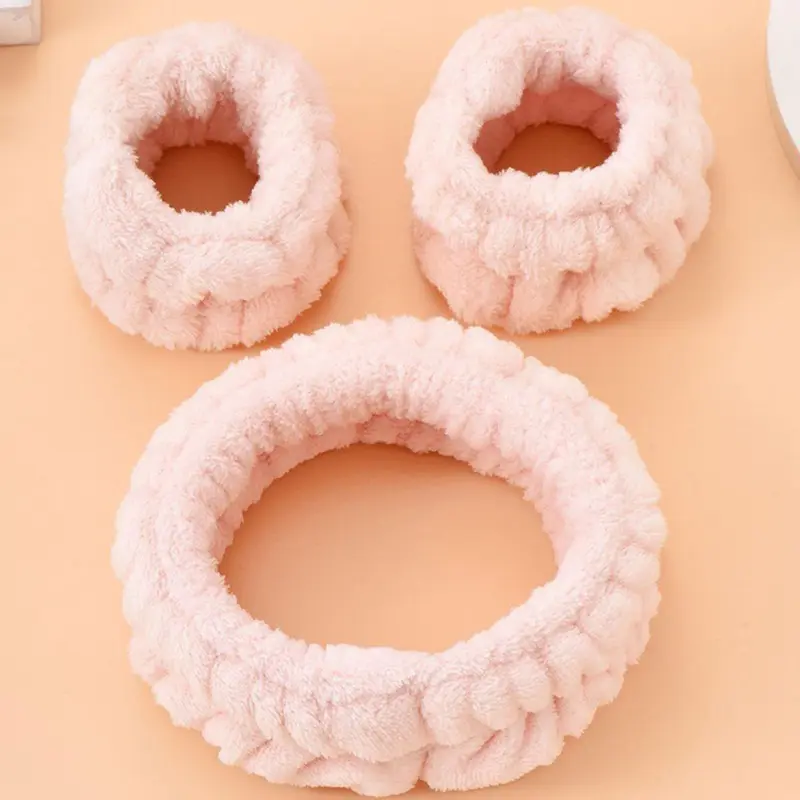 Soft Face Washing Hair Band for Women, 1 Count Face Wash Headband & 2 Counts Wristband, Flannel Coral Fleece Makeup Headband & Wristbands Set 5