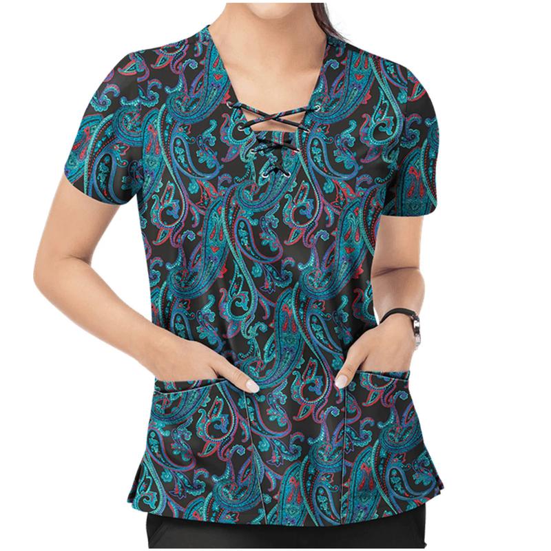 Product Introduction of Women Print Nurse Uniform Plus Size Summer Short Sleeve V-neck Tops Nursing Working Uniform T-shirts Clinic Protective Clothing 5