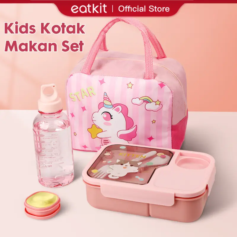 ready stock Eatkit Paket Tempat Makan Anak 1450ml Lunch Box Set 3 Sekat BPA Free Kotak Bekal Karakter Tas Bekal 0