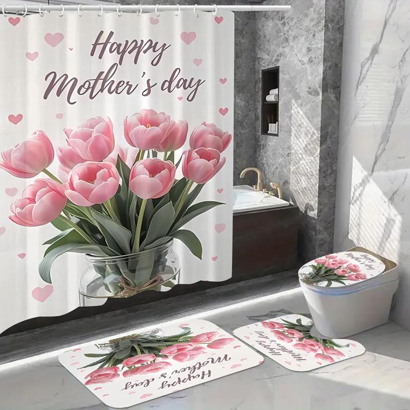 Product Introduction of Floral Pattern Bathroom Accessories, 1 Set Including Shower Curtain, U-shaped Mat, Toilet Lid Cover, Bath Mat, Bathroom Decor Supplies 4