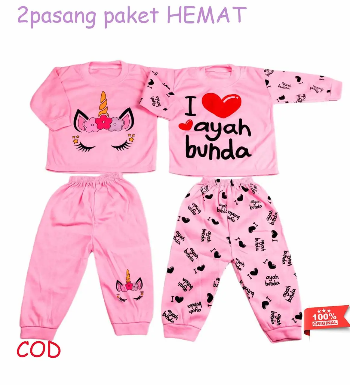 2 Pasang Baju Tidur Bayi Perempuan 0 6 dan 6 12 Bulan Lucu Warna Pink Setelan Piyama Kaos Oblong Lengan Panjang