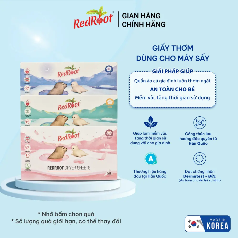 Giấy Thơm Redroot Dành Cho Máy Sấy Quần Áo, Công Thức Lưu Hương Độc Quyền Từ Hàn Quốc Hộp 50 Tờ