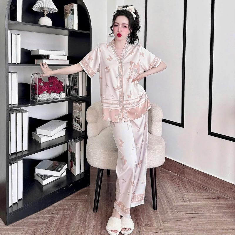 Bộ đồ ngủ nữ pyjama cổ y chất lụa latin cao cấp tay ngắn quần dài họa tiết mới 4