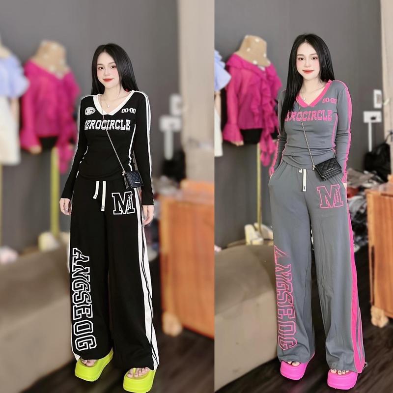 set bộ in chữ dài tay from rộng quần ống suôn Kẻ sọc Áo Áo Top